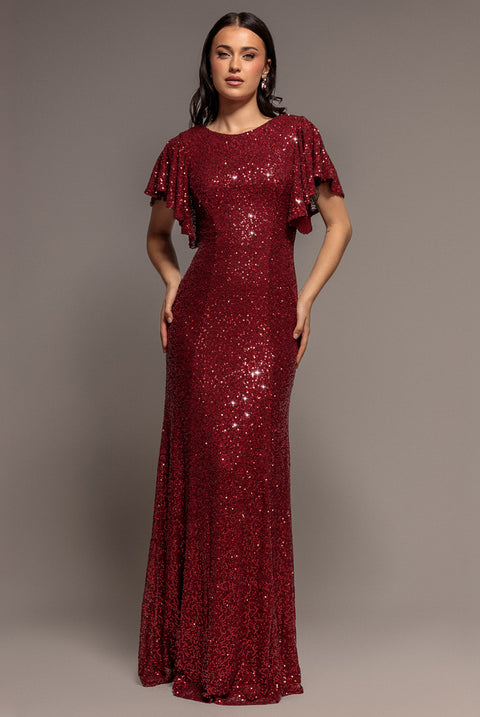 Goddiva Sequin Flutter Sleeve Maxi - Wine