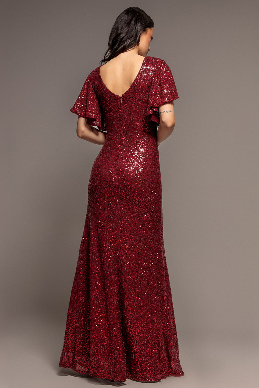 Goddiva Sequin Flutter Sleeve Maxi - Wine