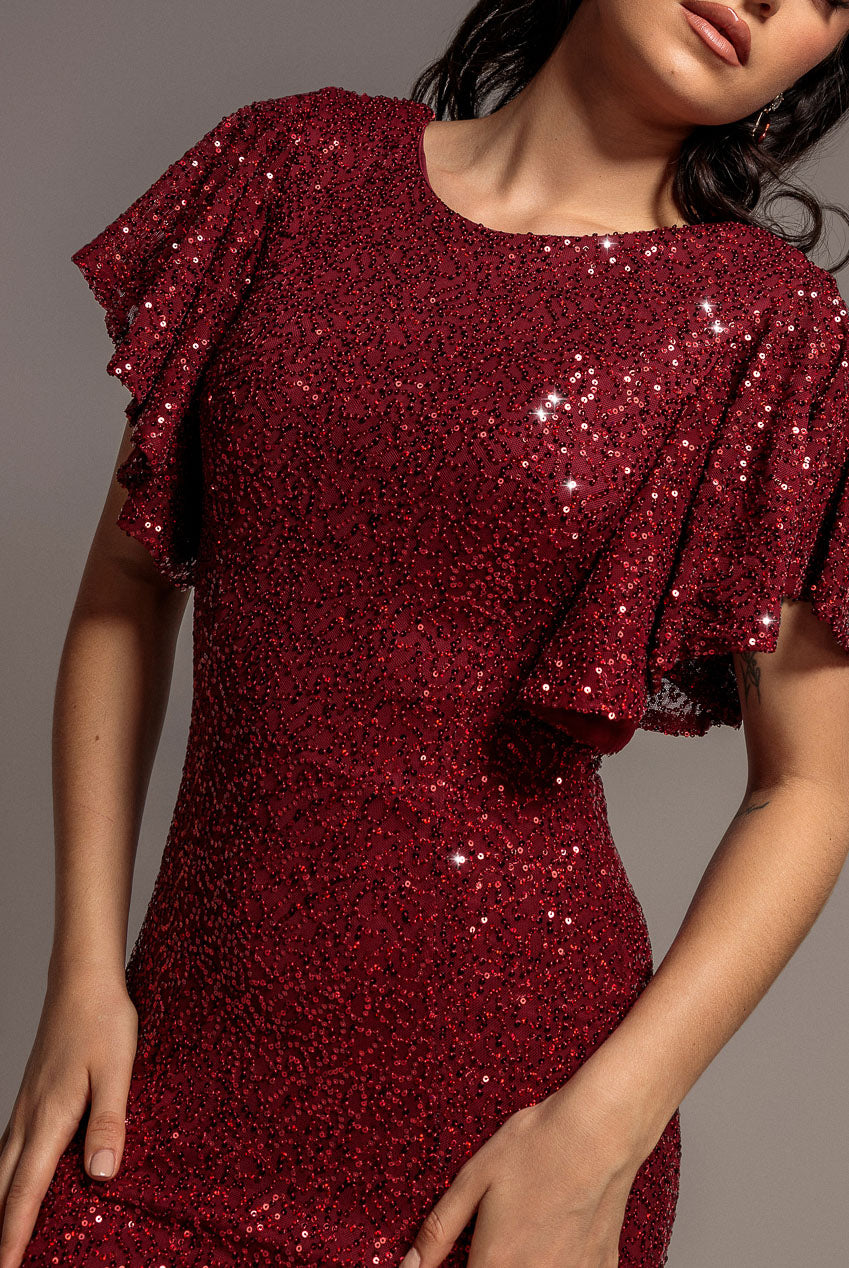 Goddiva Sequin Flutter Sleeve Maxi - Wine