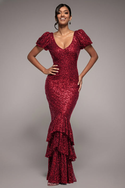 Goddiva Puff Sleeve Tiered Hem Maxi Dress - Wine