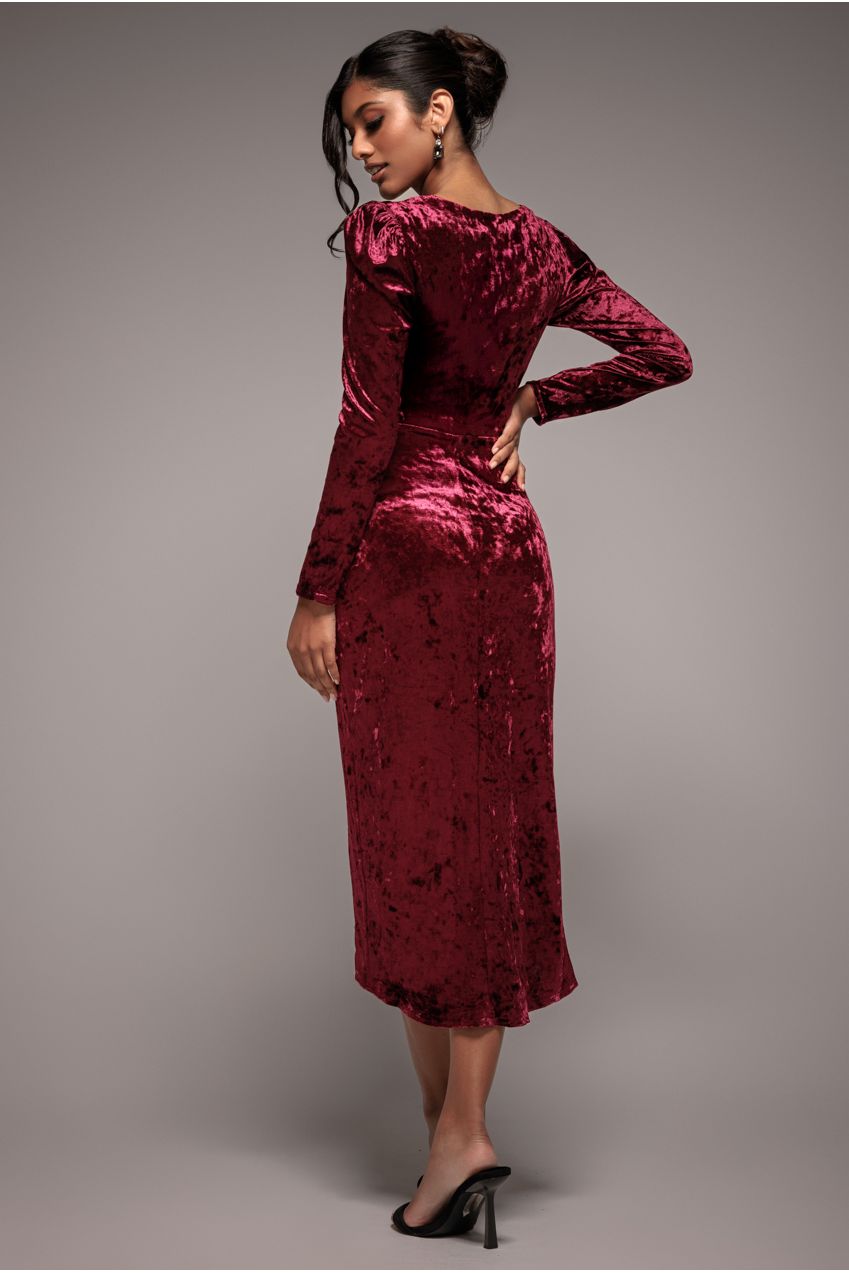 Goddiva Flared Hem Ice Velvet Midi - Burgundy