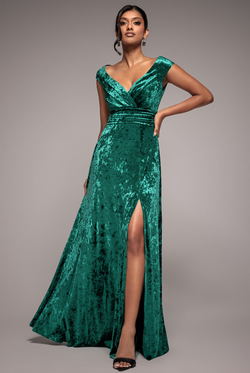 Goddiva Ice Velvet Bardot Wrap Maxi - Emerald Green