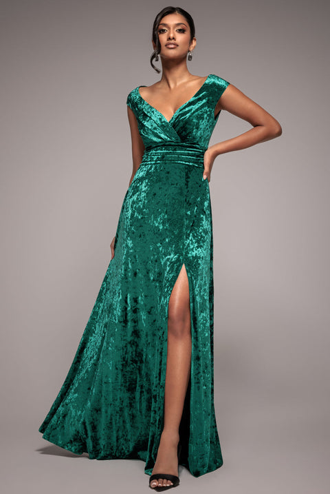 Goddiva Ice Velvet Bardot Wrap Maxi - Emerald Green