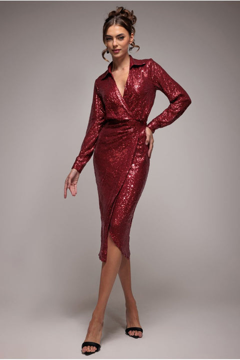 Goddiva Sequin Front Split Shirt Dress - Wine