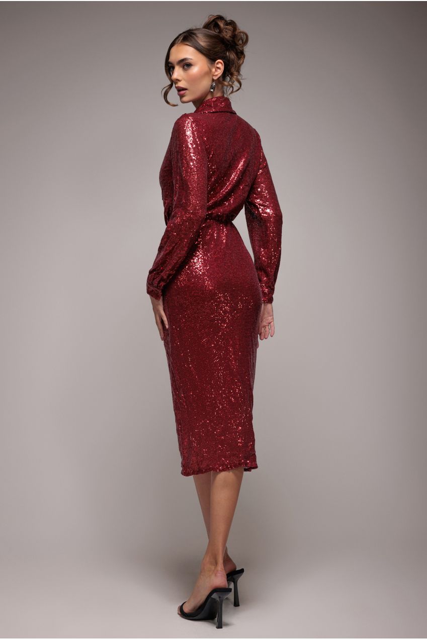 Goddiva Sequin Front Split Shirt Dress - Wine