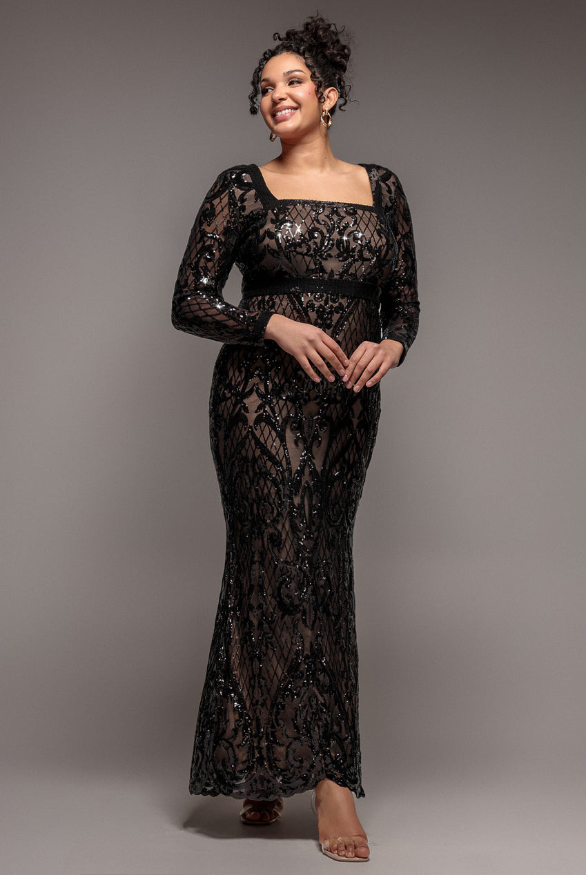 Goddiva Plus Sequin Square Neck Maxi With Scallop Hem - Black