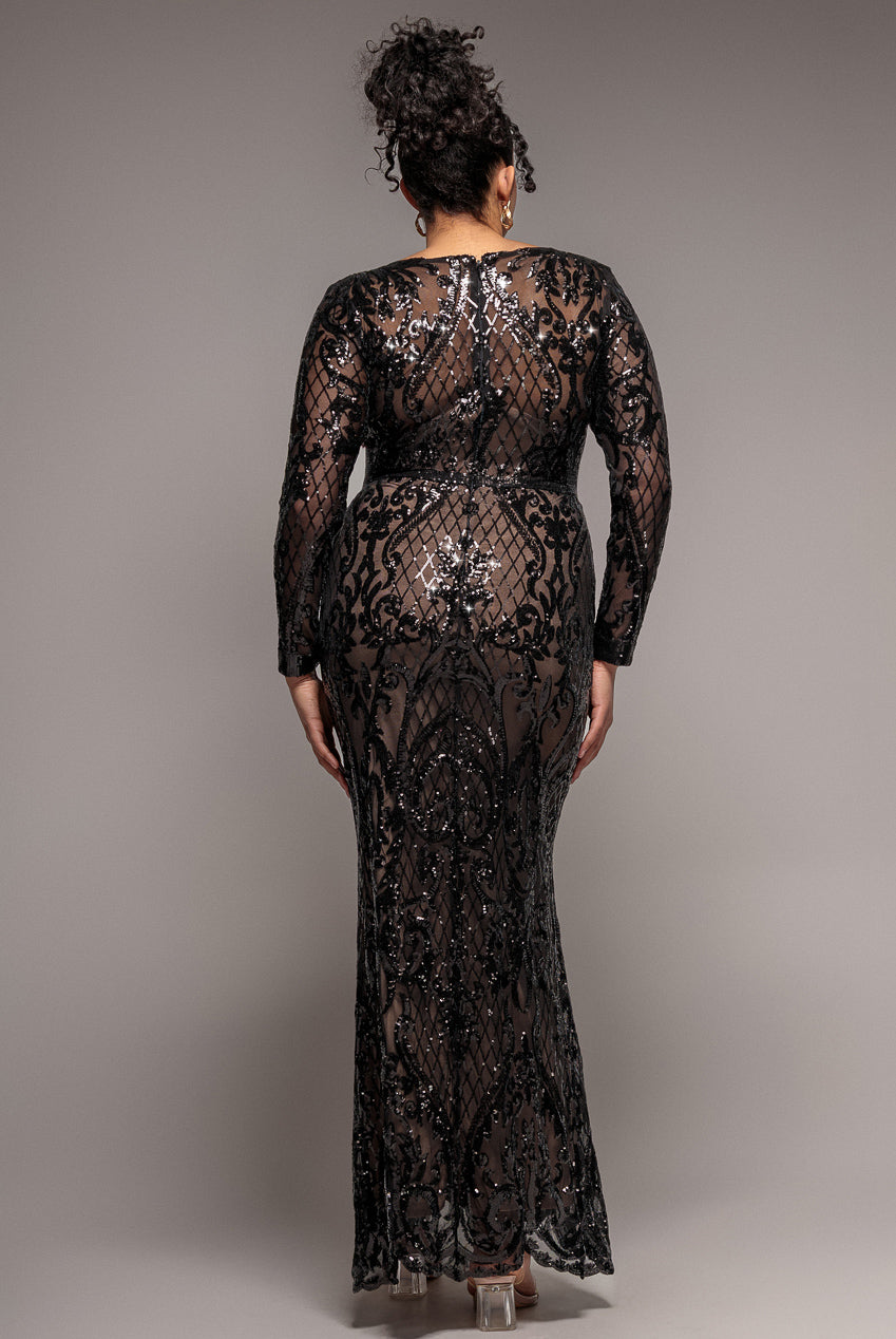 Goddiva Plus Sequin Square Neck Maxi With Scallop Hem - Black
