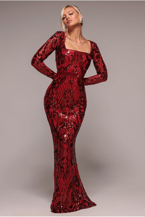 Goddiva Sequin Square Neck Maxi With Scallop Hem - Red
