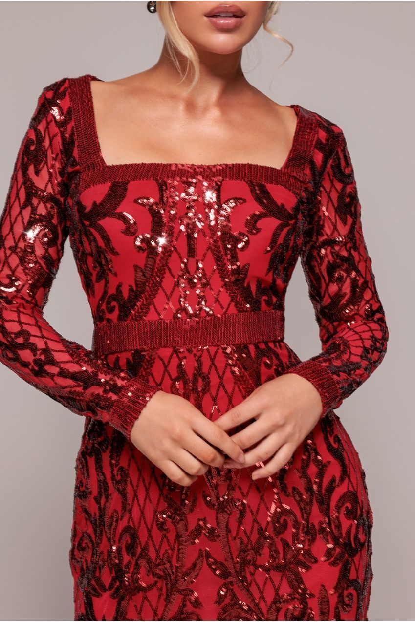 Goddiva Sequin Square Neck Maxi With Scallop Hem - Red