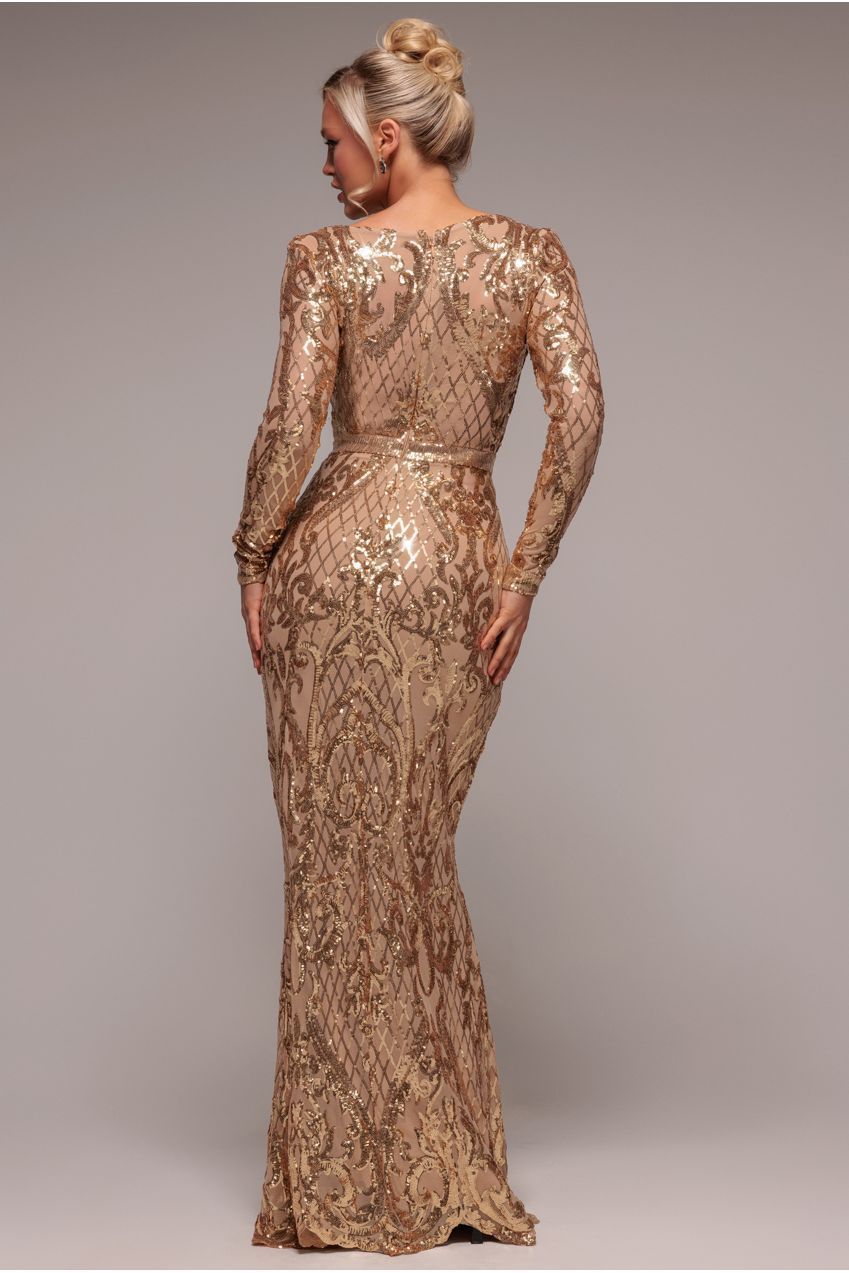 Goddiva Sequin Square Neck Maxi With Scallop Hem - Gold