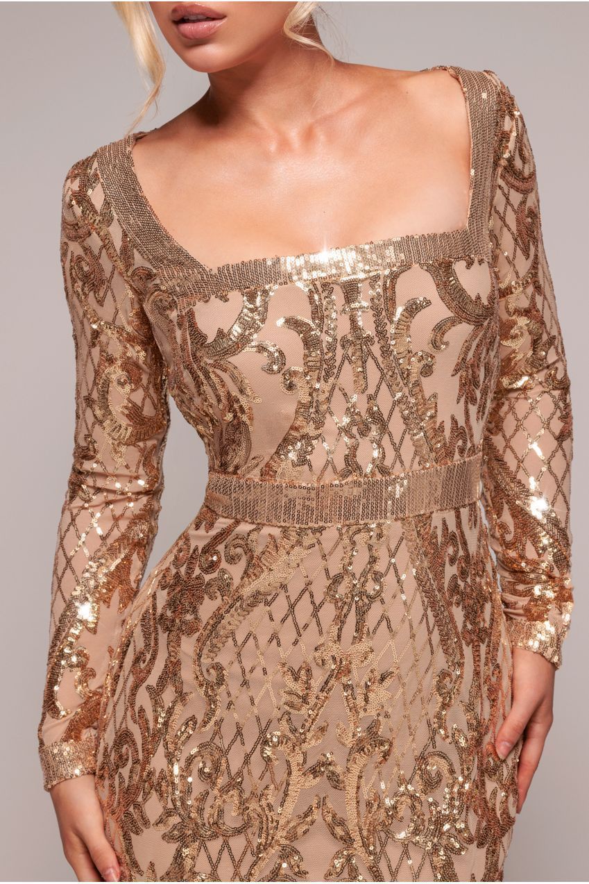 Goddiva Sequin Square Neck Maxi With Scallop Hem - Gold