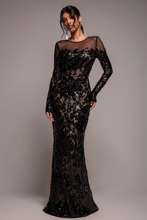 Goddiva Floral Sequin Mesh Maxi - Black