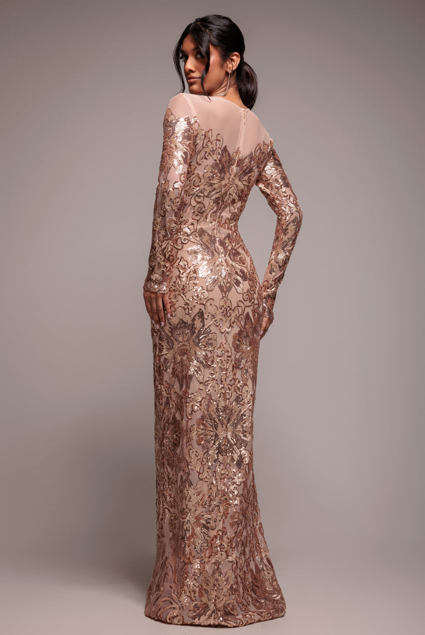 Goddiva Floral Sequin Mesh Maxi - Champagne