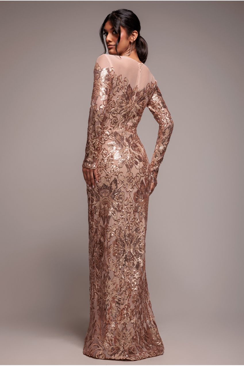 Goddiva Floral Sequin Mesh Maxi - Champagne