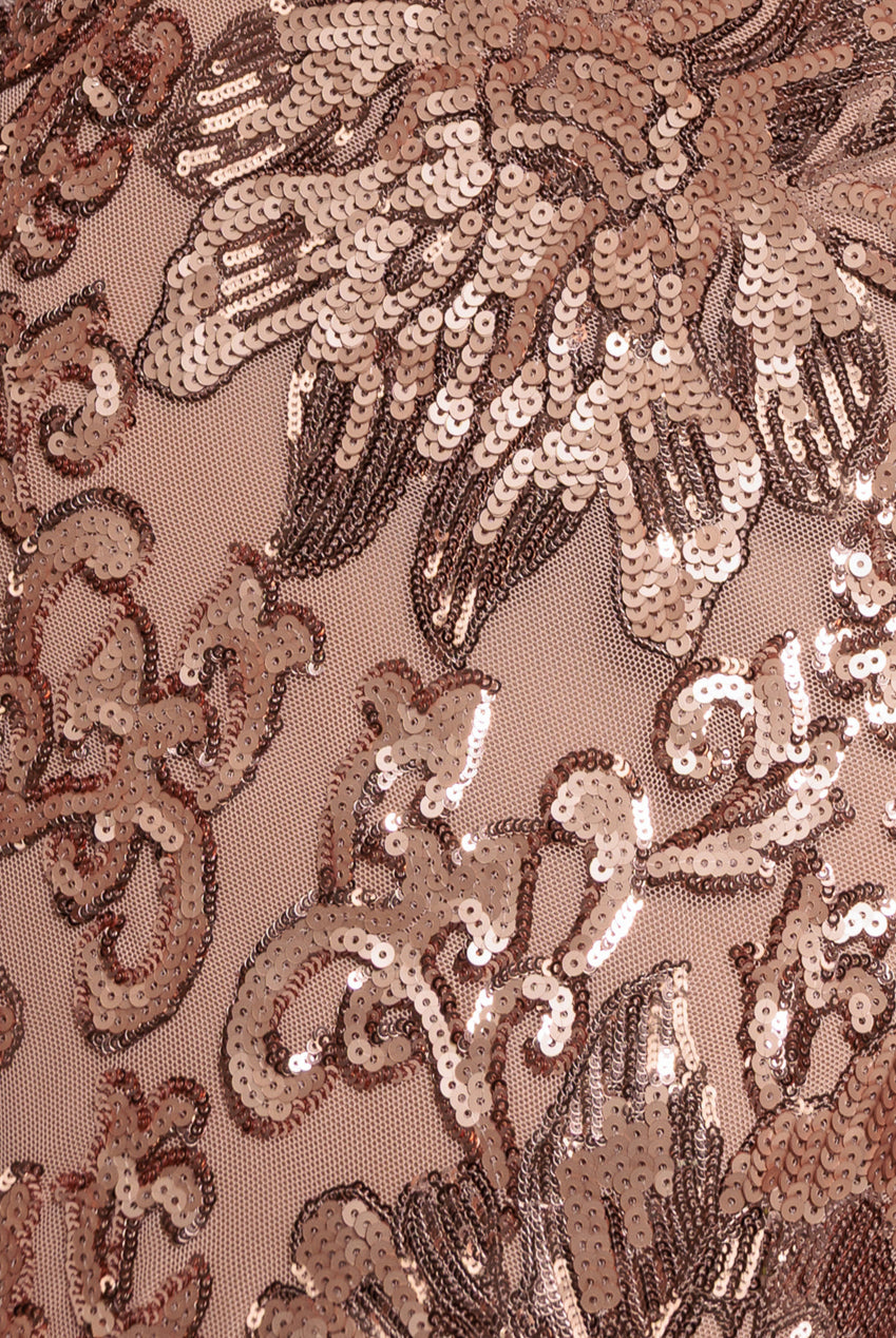 Goddiva Floral Sequin Mesh Maxi - Champagne