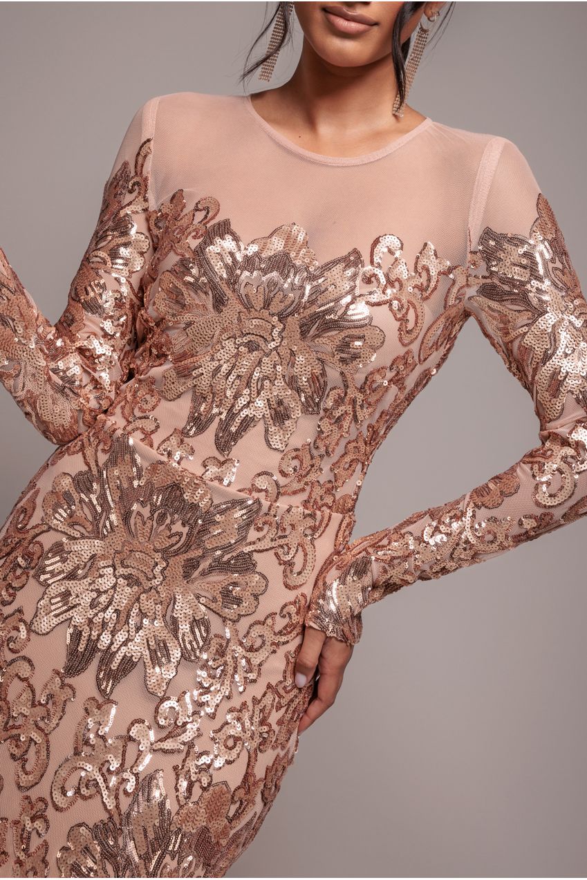 Goddiva Floral Sequin Mesh Maxi - Champagne