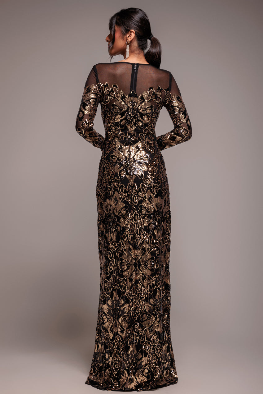 Goddiva Floral Sequin Mesh Maxi - Gold