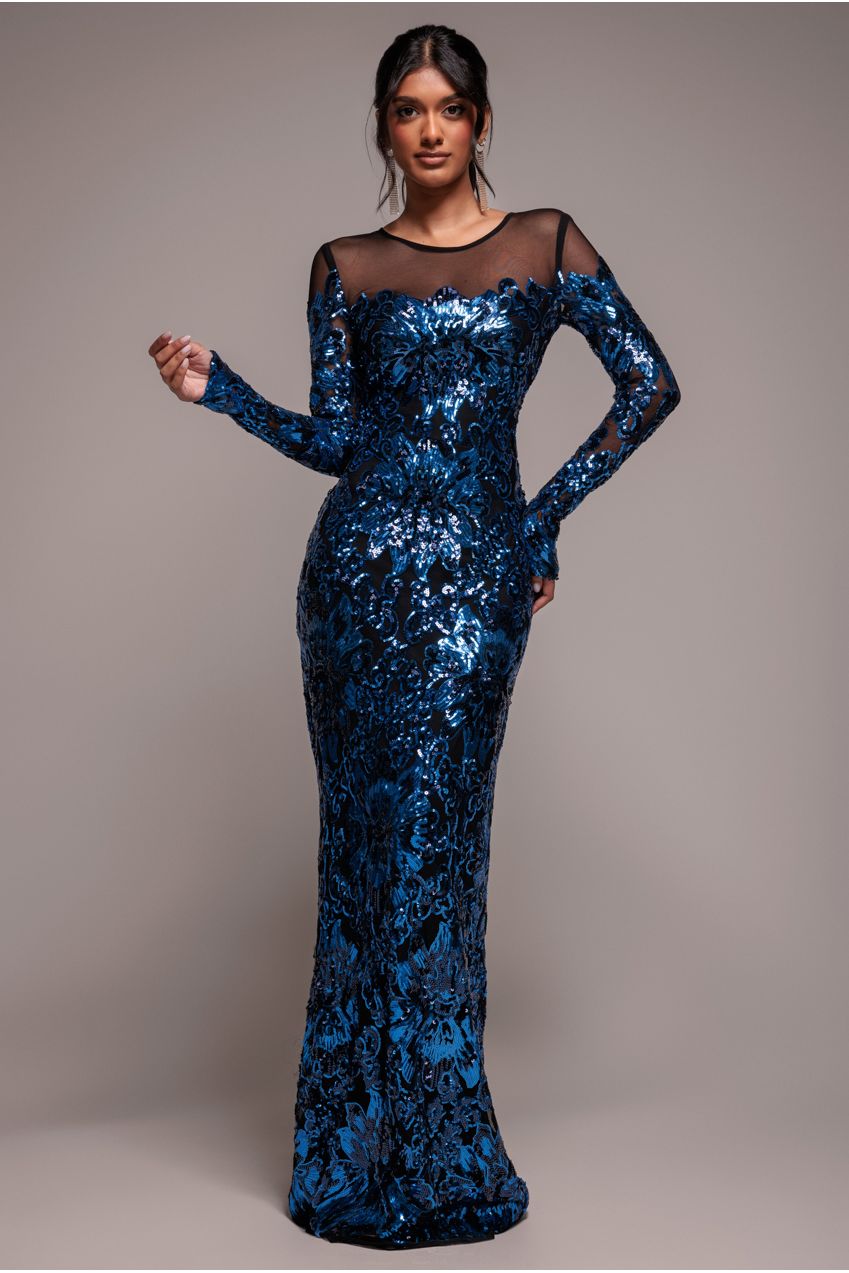 Goddiva Floral Sequin Mesh Maxi - Navy