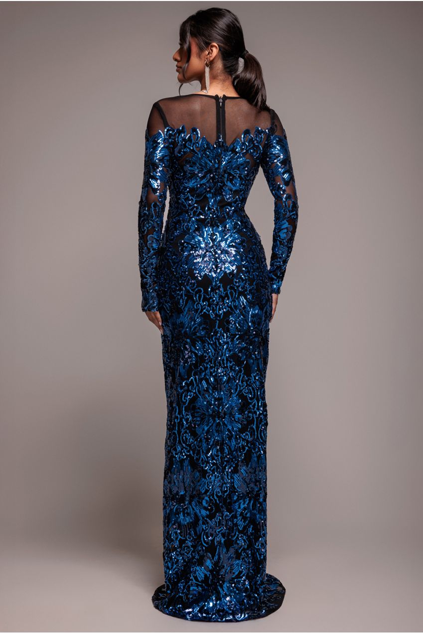 Goddiva Floral Sequin Mesh Maxi - Navy
