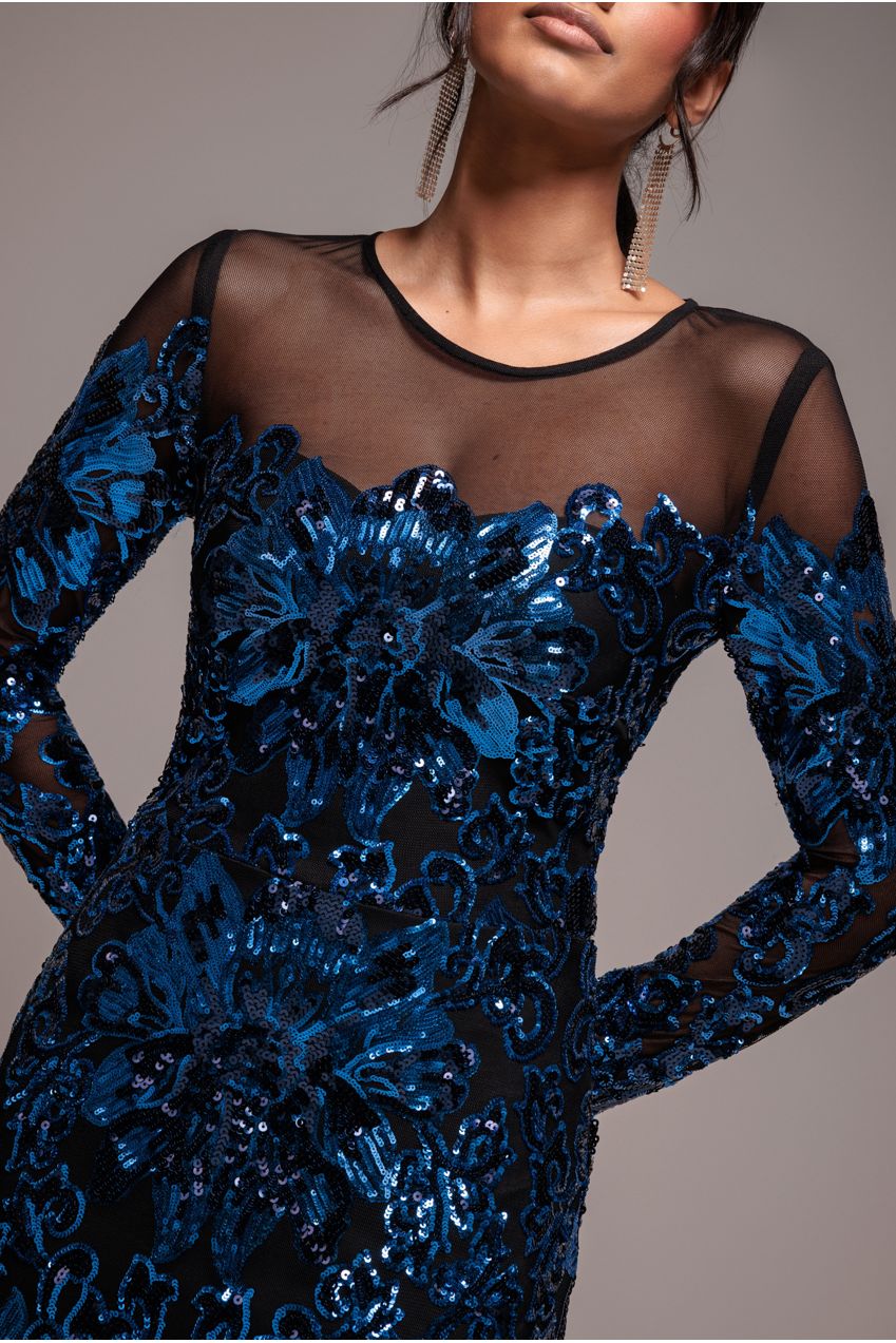 Goddiva Floral Sequin Mesh Maxi - Navy