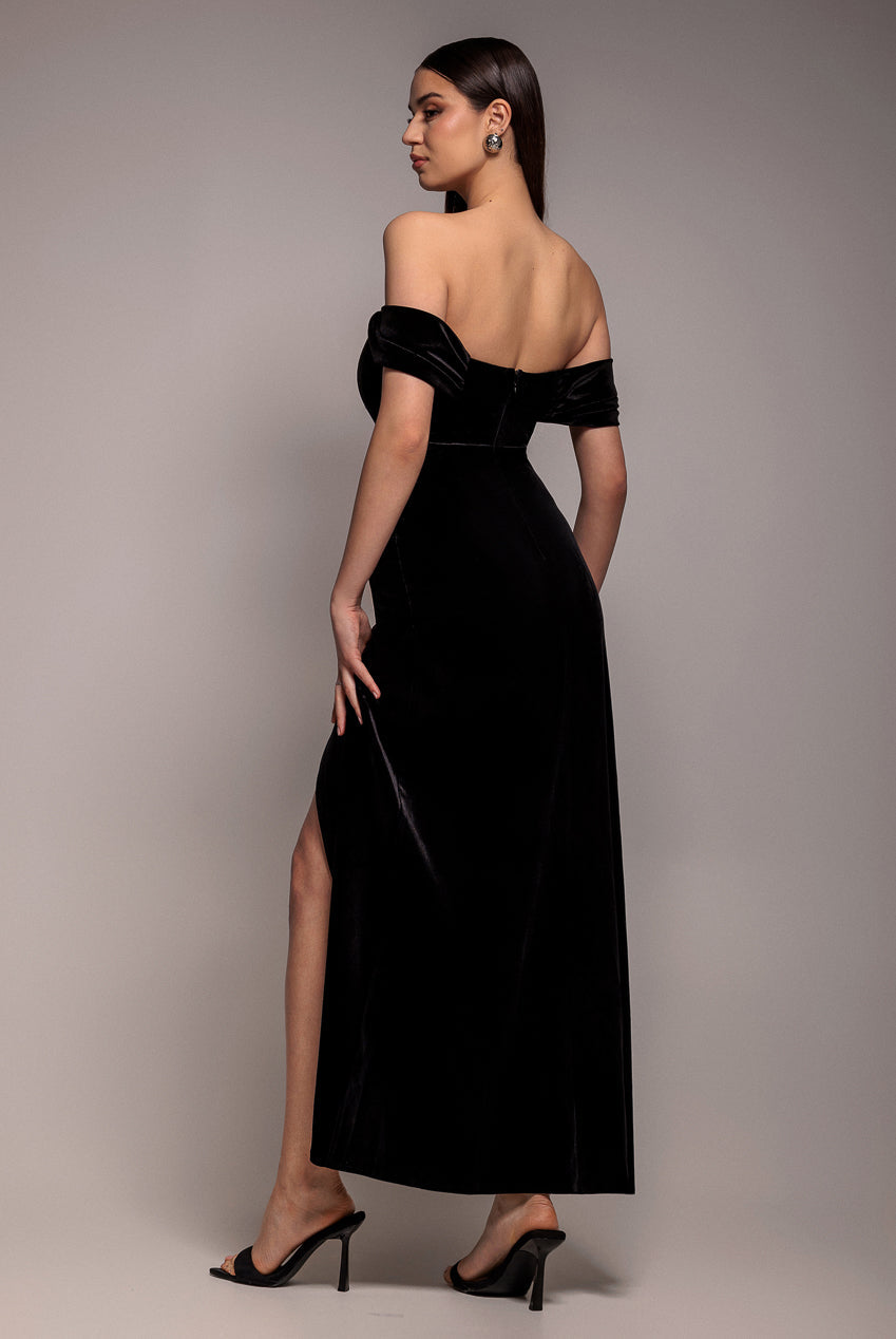 Goddiva Draped Shoulder Velvet Corset Maxi Dress - Black