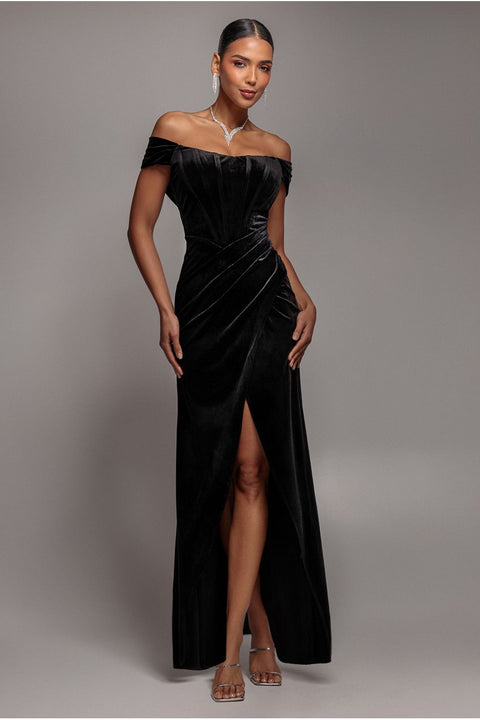 Goddiva Draped Shoulder Velvet Corset Maxi Dress - Black