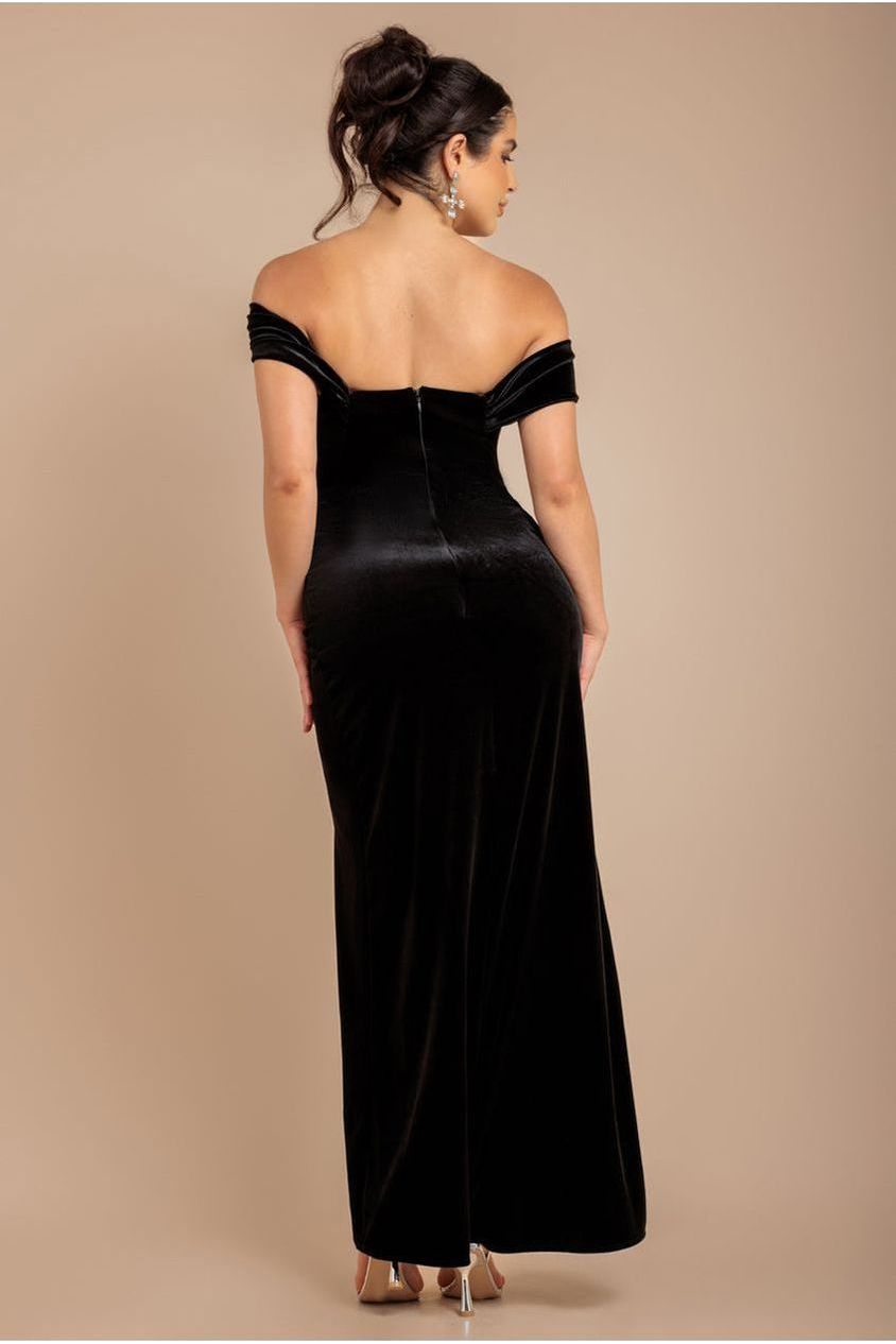Goddiva Draped Shoulder Velvet Corset Maxi Dress - Black