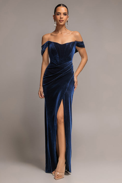 Goddiva Draped Shoulder Velvet Corset Maxi Dress - Navy Blue