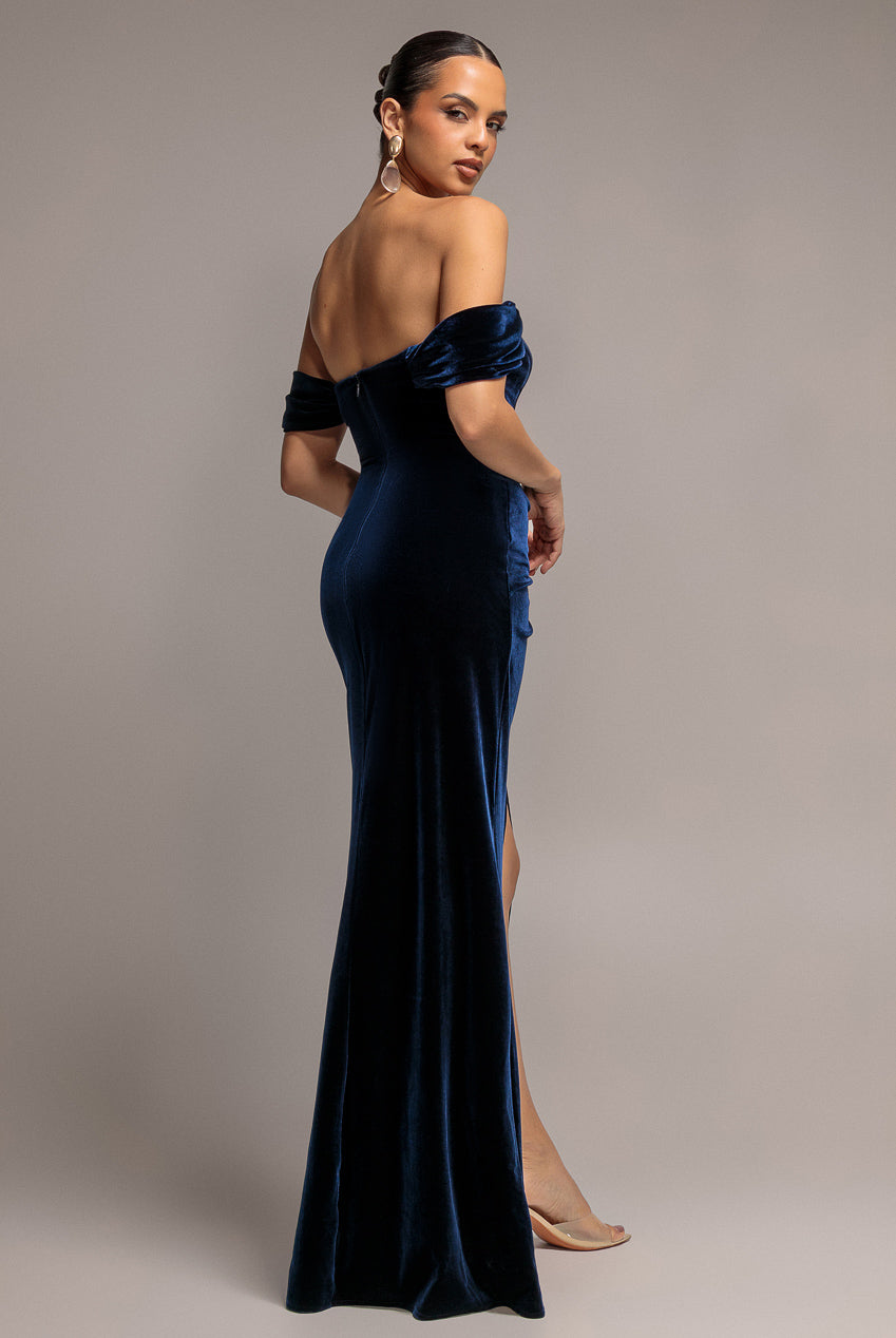 Goddiva Draped Shoulder Velvet Corset Maxi Dress - Navy Blue