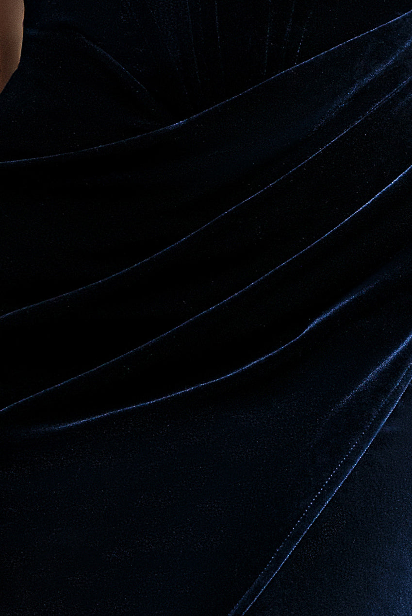 Goddiva Draped Shoulder Velvet Corset Maxi Dress - Navy Blue