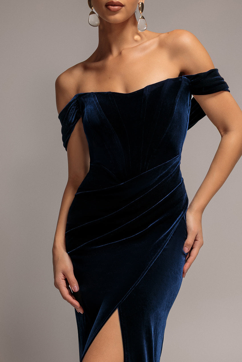 Goddiva Draped Shoulder Velvet Corset Maxi Dress - Navy Blue