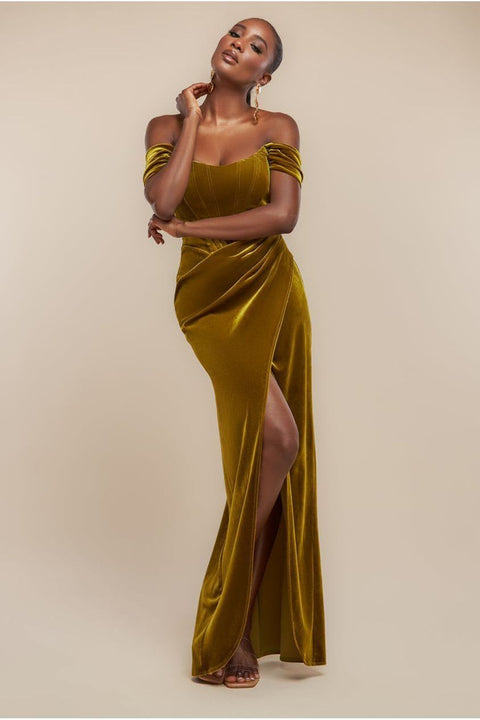 Goddiva Draped Shoulder Velvet Corset Maxi Dress - Olive Green