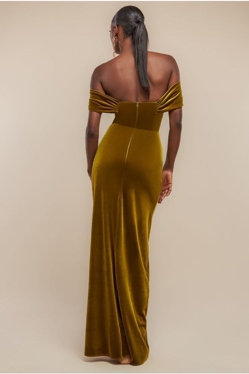 Goddiva Draped Shoulder Velvet Corset Maxi Dress - Olive Green