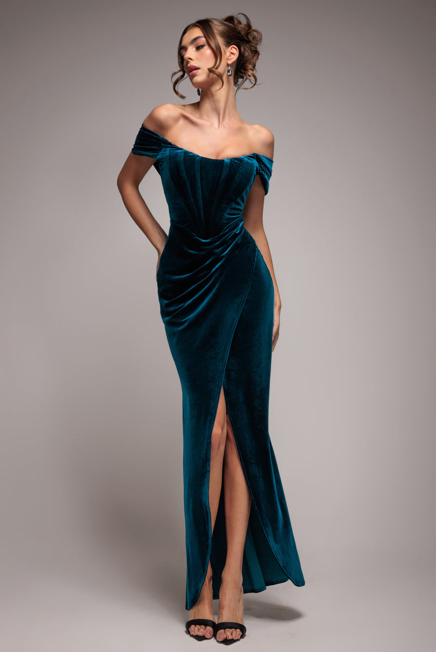 Goddiva Draped Shoulder Velvet Corset Maxi Dress - Teal Blue