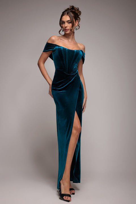 Goddiva Draped Shoulder Velvet Corset Maxi Dress - Teal Blue
