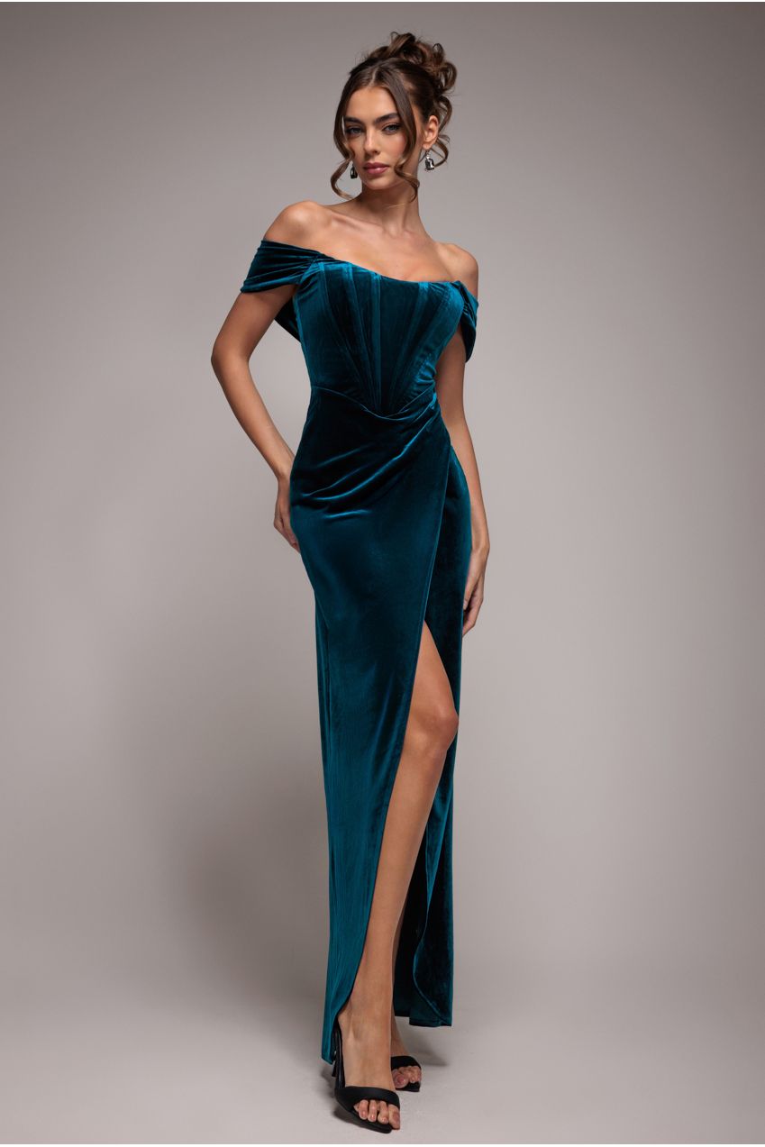Goddiva Draped Shoulder Velvet Corset Maxi Dress - Teal Blue