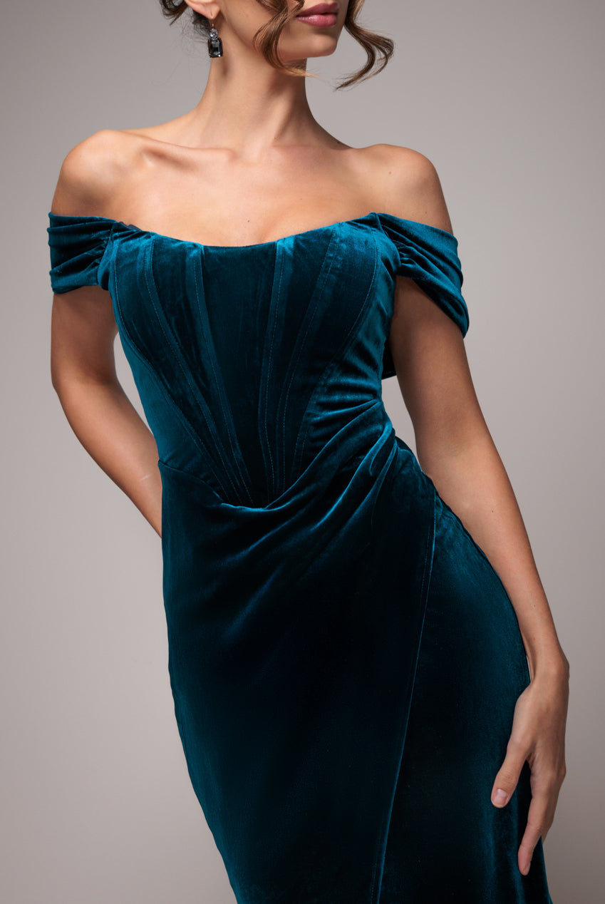 Goddiva Draped Shoulder Velvet Corset Maxi Dress - Teal Blue