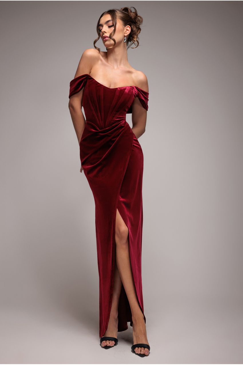 Goddiva Draped Shoulder Velvet Corset Maxi Dress - Wine
