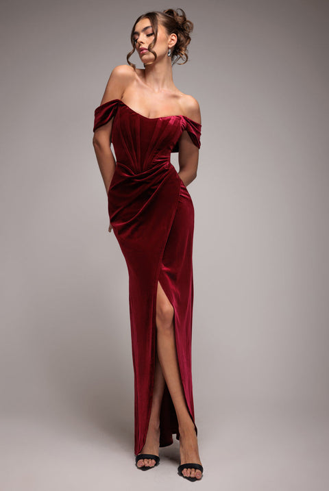 Goddiva Draped Shoulder Velvet Corset Maxi Dress - Wine