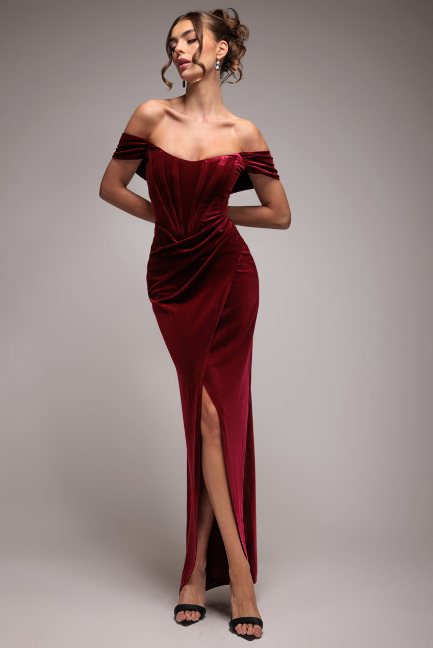 Goddiva Draped Shoulder Velvet Corset Maxi Dress - Wine