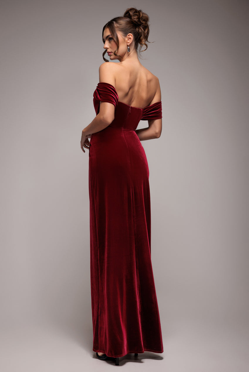 Goddiva Draped Shoulder Velvet Corset Maxi Dress - Wine