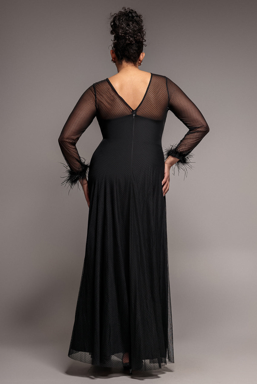 Goddiva Plus Dobby Mesh Feather Sleeve Hem Maxi Dress - Black