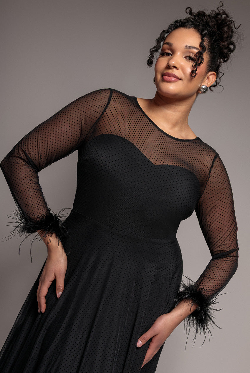 Goddiva Plus Dobby Mesh Feather Sleeve Hem Maxi Dress - Black