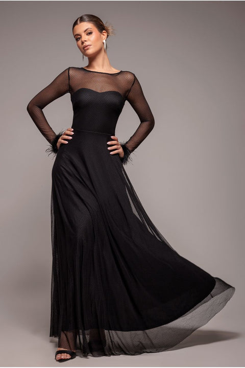 Goddiva Dobby Mesh Feather Sleeve Hem Maxi Dress - Black