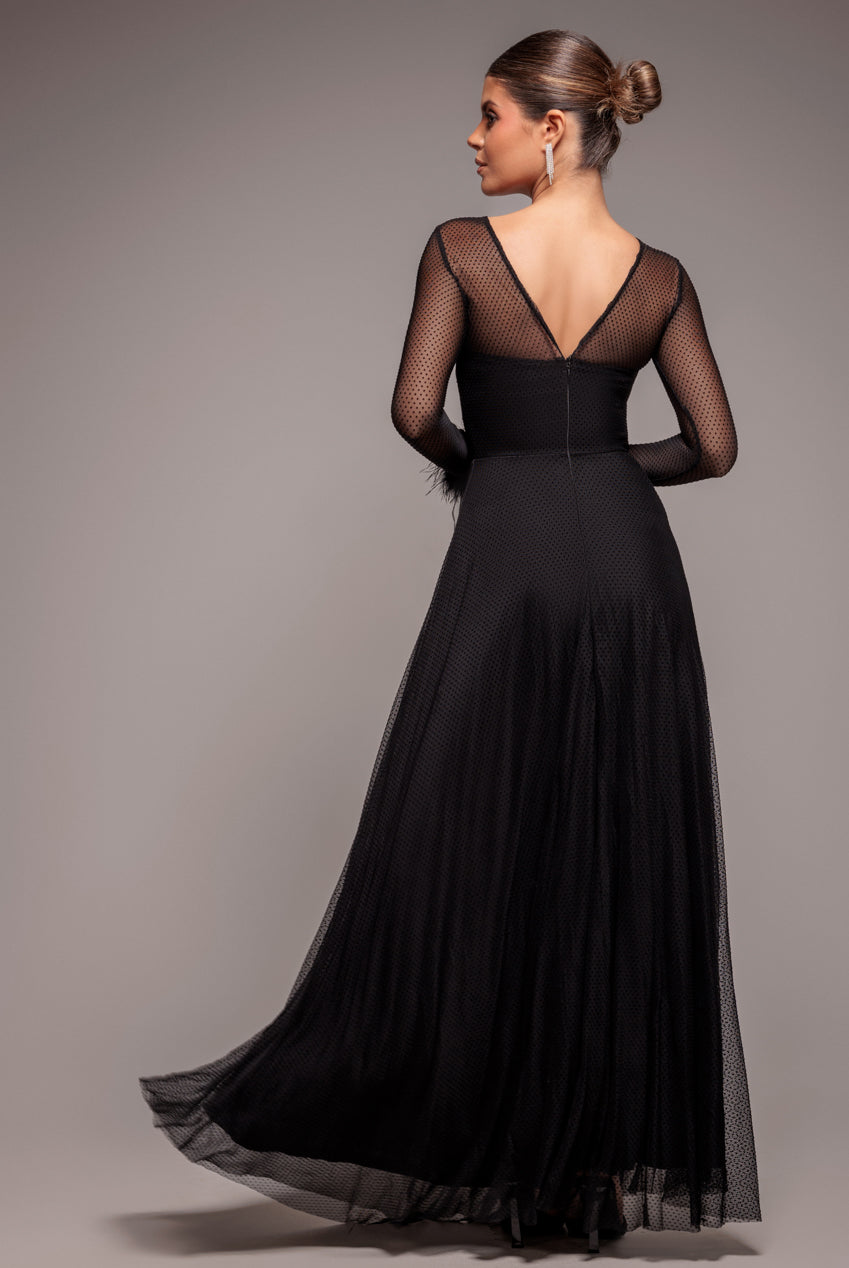 Goddiva Dobby Mesh Feather Sleeve Hem Maxi Dress - Black