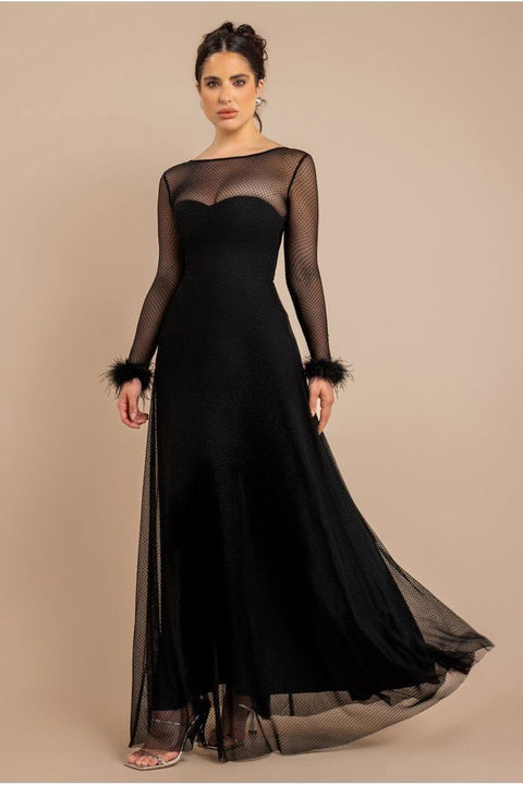 Goddiva Dobby Mesh Feather Sleeve Hem Maxi Dress - Black