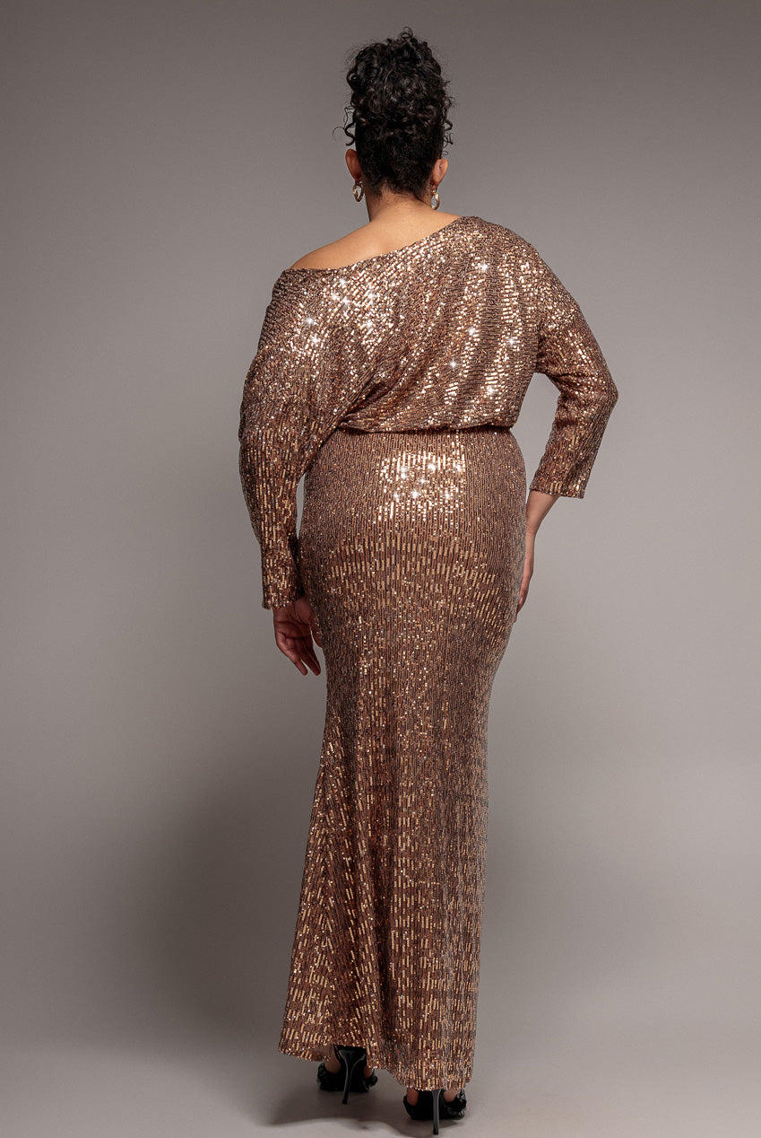 Goddiva Plus Sequin Cowl Maxi Dress - Bronze