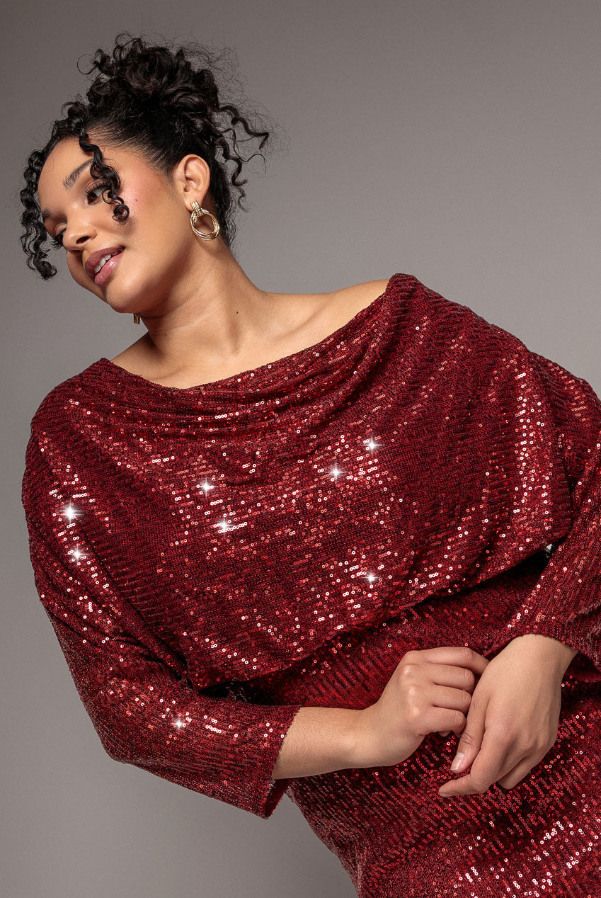 Goddiva Plus Sequin Cowl Maxi Dress - Wine