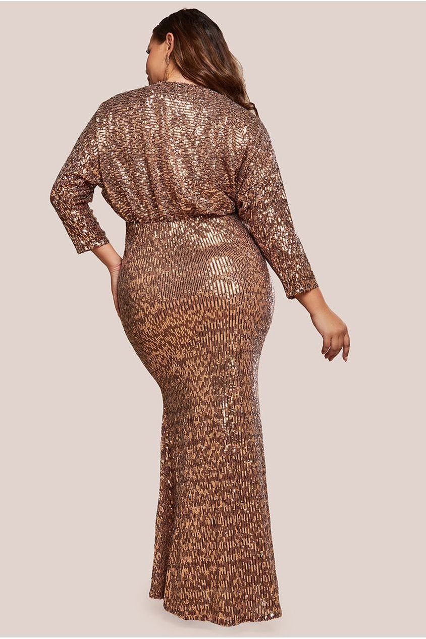 Goddiva Plus Sequin Cowl Maxi Dress - Bronze
