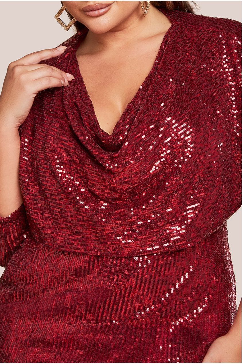 Goddiva Plus Sequin Cowl Maxi Dress - Wine